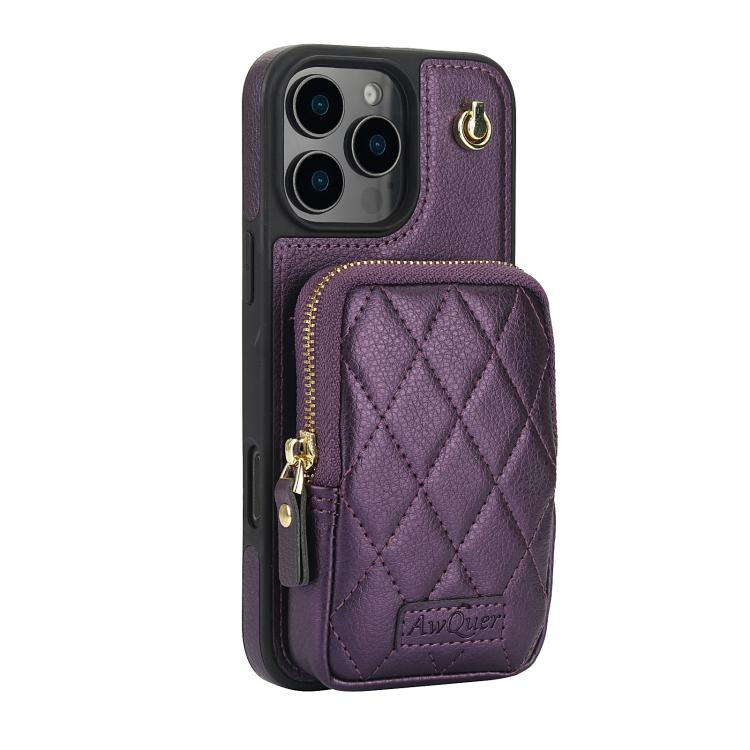 For iPhone 16 Pro AwQuer Crossbody Zipper Wallet Bag Litchi Leather Phone Case(Dark Purple) - iPhone 16 Pro Cases by Awquer | Online Shopping UK | buy2fix