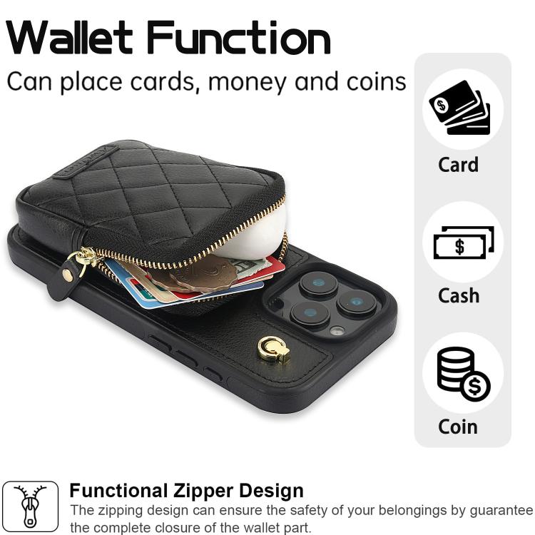 For iPhone 16 Plus AwQuer Crossbody Zipper Wallet Bag Litchi Leather Phone Case(Black) - iPhone 16 Plus Cases by Awquer | Online Shopping UK | buy2fix