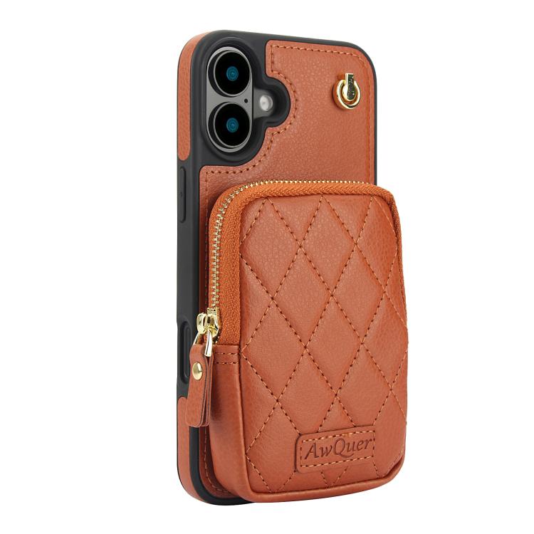 For iPhone 16 Plus AwQuer Crossbody Zipper Wallet Bag Litchi Leather Phone Case(Brown) - iPhone 16 Plus Cases by Awquer | Online Shopping UK | buy2fix