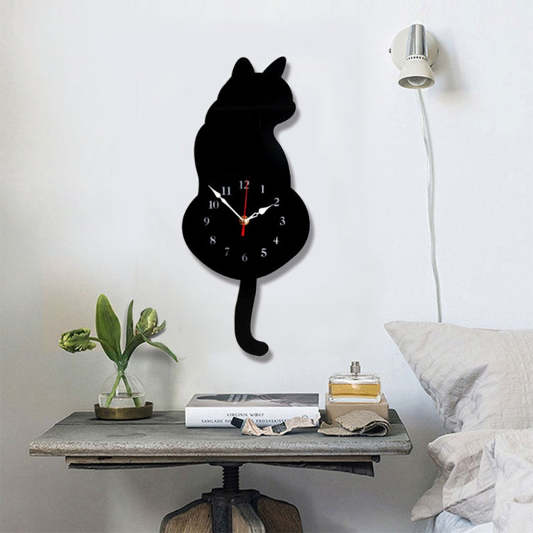 42x18cm Home Office Bedroom Decoration Battery Operated Cat Shaped Wall Clock with Swinging Tails(Black) - Wall Clock by buy2fix | Online Shopping UK | buy2fix