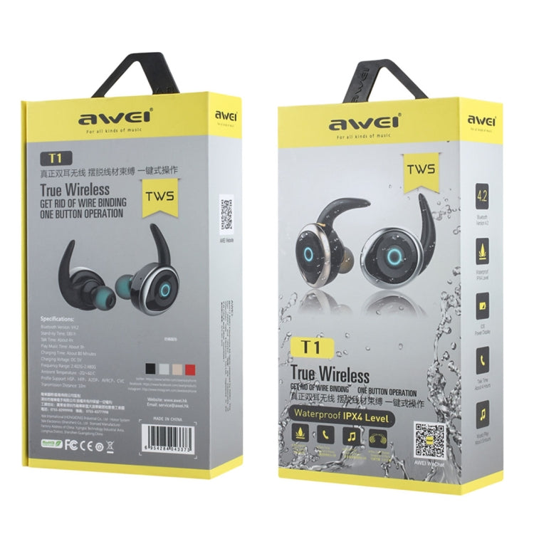 AWEI T1 Sports Headset IPX4 Waterproof Wireless Bluetooth V4.2 Stereo Earphone, Support TWS(Black) - TWS Earphone by awei | Online Shopping UK | buy2fix