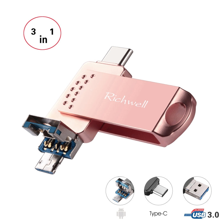 Richwell 3 in 1 128G Type-C + Micro USB + USB 3.0 Metal Flash Disk with OTG Function(Rose Gold) - U Disk & Card Reader by Richwell | Online Shopping UK | buy2fix