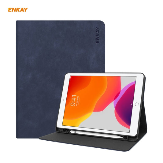 For iPad 10.2 2021 / 2020 / 2019 ENKAY ENK-8023 Cow Texture PU Leather + TPU Smart Case with Pen Slot(Dark Blue) - iPad 10.2 Cases by ENKAY | Online Shopping UK | buy2fix