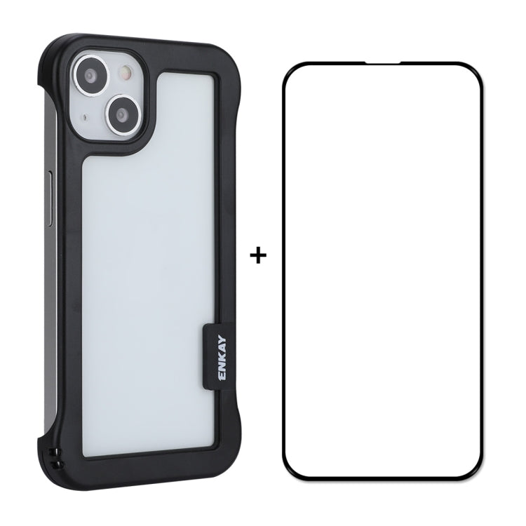 For iPhone 13 ENKAY Frameless Hollow PC Case + Glass Film(Black) - iPhone 13 Cases by ENKAY | Online Shopping UK | buy2fix