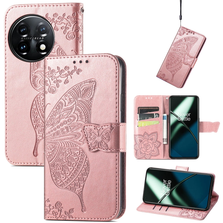 For OnePlus 11 Butterfly Love Flower Embossed Flip Leather Phone Case(Rose Gold) - OnePlus Cases by buy2fix | Online Shopping UK | buy2fix