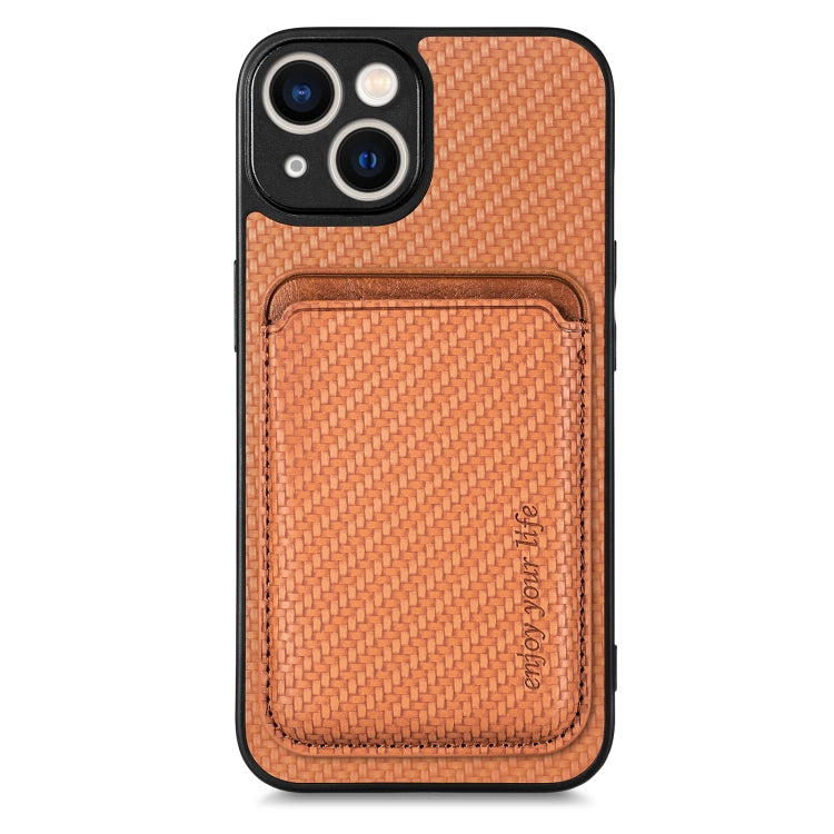 For iPhone 14 Plus Carbon Fiber Leather Card Magsafe Magnetic Phone Case(Brown) - iPhone 14 Plus Cases by buy2fix | Online Shopping UK | buy2fix