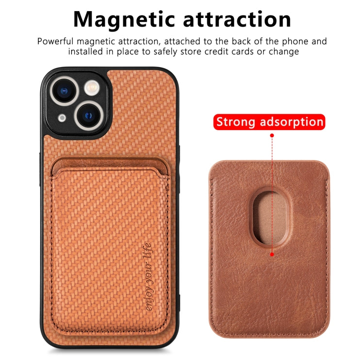 For iPhone 14 Plus Carbon Fiber Leather Card Magsafe Magnetic Phone Case(Brown) - iPhone 14 Plus Cases by buy2fix | Online Shopping UK | buy2fix