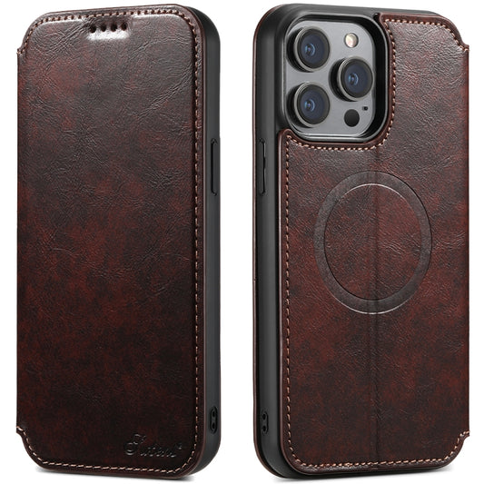 For iPhone 14 Suteni J05 Leather Magnetic Magsafe Phone Case(Brown) - iPhone 14 Cases by Suteni | Online Shopping UK | buy2fix