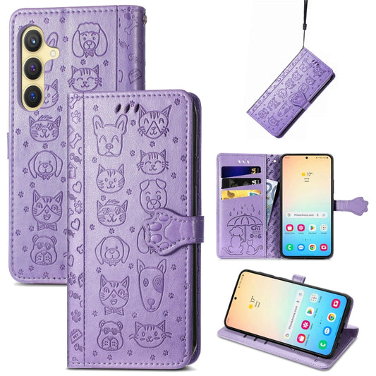 For Samsung Galaxy S25+ 5G Cat and Dog Embossed Leather Phone Case(Purple) - Galaxy S25+ 5G Cases by buy2fix | Online Shopping UK | buy2fix