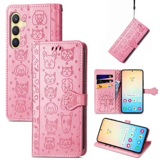 For Samsung Galaxy S25+ 5G Cat and Dog Embossed Leather Phone Case(Pink) - Galaxy S25+ 5G Cases by buy2fix | Online Shopping UK | buy2fix