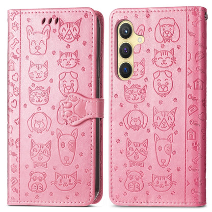 For Samsung Galaxy S25 Ultra 5G Cat and Dog Embossed Leather Phone Case(Pink) - Galaxy S25 Ultra 5G Cases by buy2fix | Online Shopping UK | buy2fix