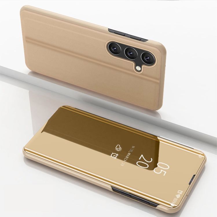 For Samsung Galaxy S25+ 5G Plated Mirror Horizontal Flip Leather Phone Case with Holder(Gold) - Galaxy S25+ 5G Cases by buy2fix | Online Shopping UK | buy2fix