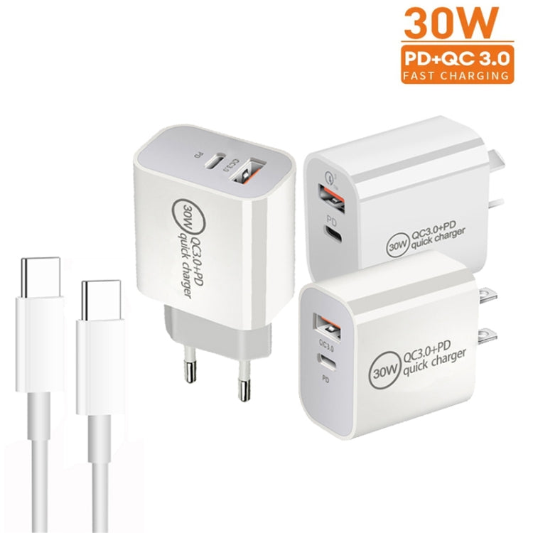 PD30W USB-C / Type-C + QC3.0 USB Dual Port Charger with 1m Type-C to Type-C Data Cable, EU Plug - USB Charger by buy2fix | Online Shopping UK | buy2fix