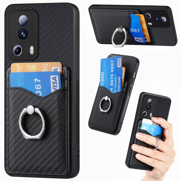 For Xiaomi Redmi Note 12 5G Carbon Fiber Card Wallet Ring Holder Phone Case(Black) - Xiaomi Cases by buy2fix | Online Shopping UK | buy2fix