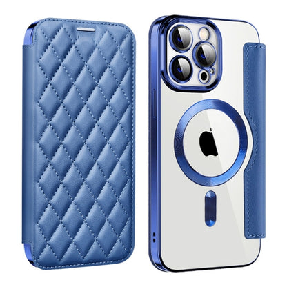 For iPhone 15 Pro Shield Magsafe RFID Anti-theft Rhombus Leather Phone Case(Dark Blue) - iPhone 15 Pro Cases by buy2fix | Online Shopping UK | buy2fix