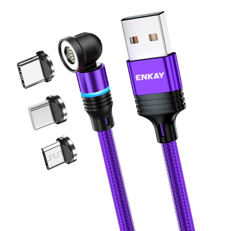 ENKAY 3 in 1 3A USB to Type-C / 8 Pin / Micro USB Magnetic 540 Degrees Rotating Fast Charging Cable, Length:2m(Purplele) - Charging Cable & Head by ENKAY | Online Shopping UK | buy2fix