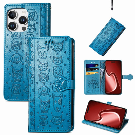 For iPhone 16 Pro Max Cat and Dog Embossed Leather Phone Case(Blue) - iPhone 16 Pro Max Cases by buy2fix | Online Shopping UK | buy2fix