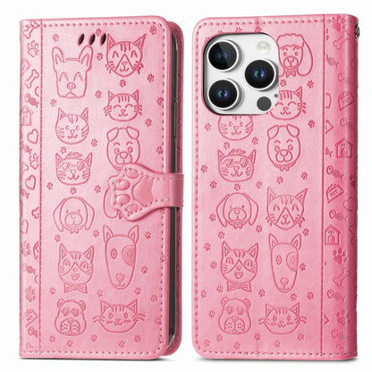 For iPhone 16 Pro Max Cat and Dog Embossed Leather Phone Case(Pink) - iPhone 16 Pro Max Cases by buy2fix | Online Shopping UK | buy2fix