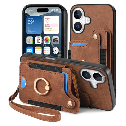 For iPhone 16 Retro Skin-feel Ring Multi-card Wallet Phone Case(Brown) - iPhone 16 Cases by buy2fix | Online Shopping UK | buy2fix