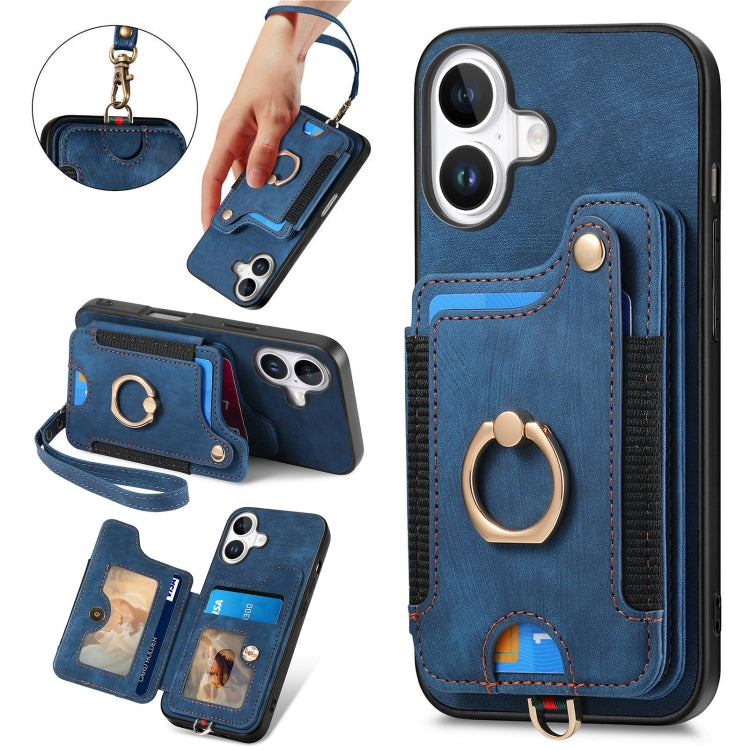 For iPhone 16 Plus Retro Skin-feel Ring Multi-card Wallet Phone Case(Blue) - iPhone 16 Plus Cases by buy2fix | Online Shopping UK | buy2fix