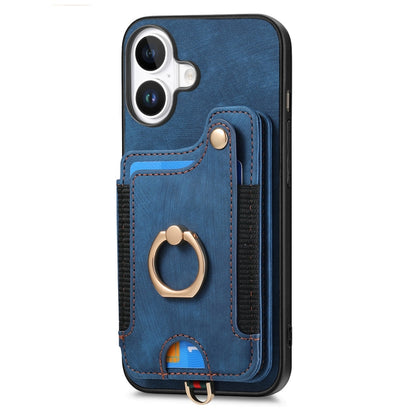 For iPhone 16 Plus Retro Skin-feel Ring Multi-card Wallet Phone Case(Blue) - iPhone 16 Plus Cases by buy2fix | Online Shopping UK | buy2fix