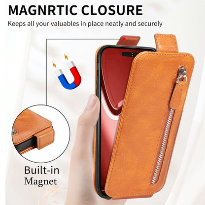 For iPhone 16 Zipper Wallet Vertical Flip Leather Phone Case(Brown) - iPhone 16 Cases by buy2fix | Online Shopping UK | buy2fix