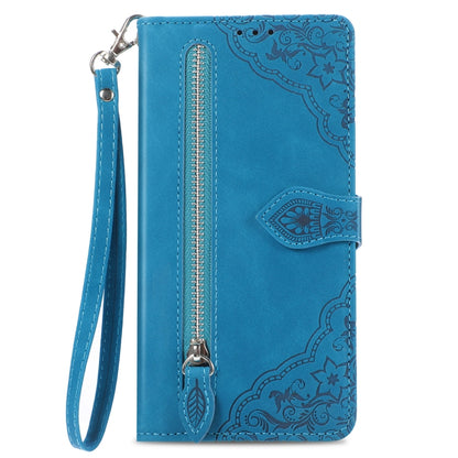 For iPhone 16 Embossed Flower Zipper Leather Phone Case(Blue) - iPhone 16 Cases by buy2fix | Online Shopping UK | buy2fix