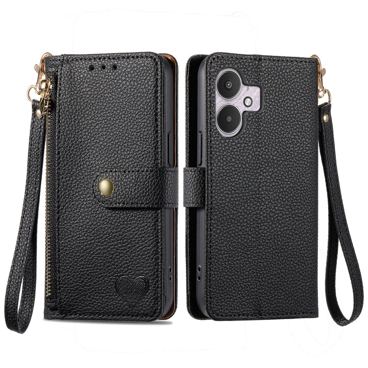 For Xiaomi Redmi 13C 5G Love Zipper Lanyard Leather Phone Case(Black) - 13C Cases by buy2fix | Online Shopping UK | buy2fix
