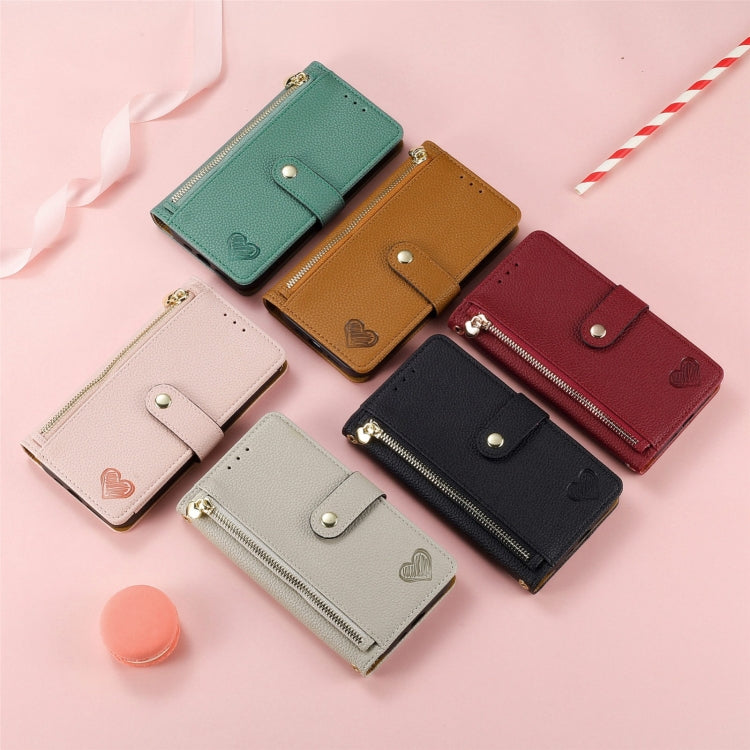 For Xiaomi Redmi Note 13 4G Love Zipper Lanyard Leather Phone Case(Brown) - Note 13 Cases by buy2fix | Online Shopping UK | buy2fix