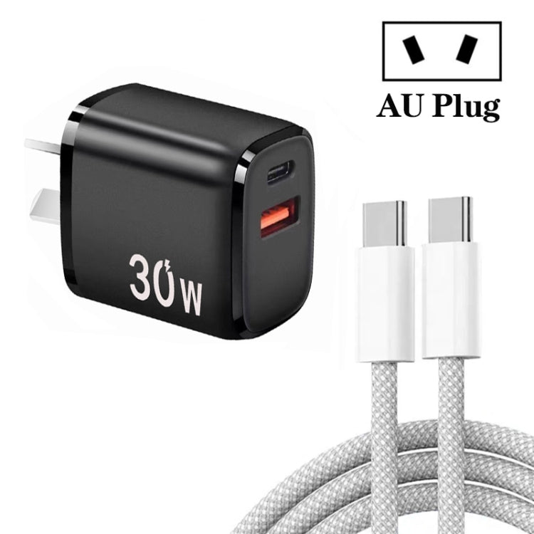 PD30W USB-C / Type-C + QC3.0 USB Charger with 1m Type-C to Type-C Data Cable, AU Plug(Black) - USB Charger by buy2fix | Online Shopping UK | buy2fix