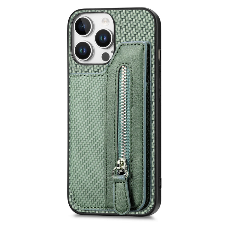 For iPhone 16 Pro Max Carbon Fiber Horizontal Flip Zipper Wallet Phone Case(Green) - iPhone 16 Pro Max Cases by buy2fix | Online Shopping UK | buy2fix