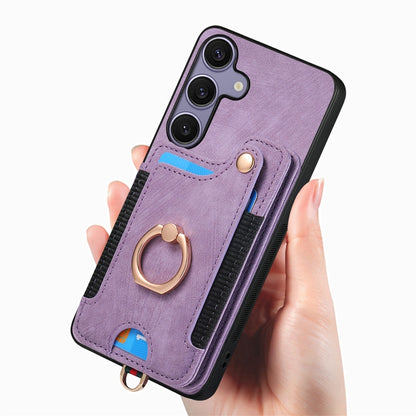 For Samsung Galaxy S25 5G Retro Skin-feel Ring Multi-card Wallet Phone Case(Purple) - Galaxy S25 5G Cases by buy2fix | Online Shopping UK | buy2fix