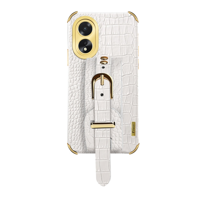 For OPPO A38 Electroplated Wrist Strap Crocodile Leather Back Phone Case(White) - A38 Cases by buy2fix | Online Shopping UK | buy2fix