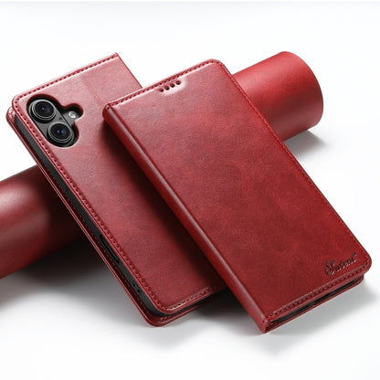 For iPhone 16 Suteni Calf Texture Horizontal Flip Leather Phone Case(Red) - iPhone 16 Cases by Suteni | Online Shopping UK | buy2fix