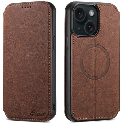 For iPhone 15 Suteni J06 Retro Matte Litchi Texture Leather MagSafe Phone Case(Brown) - iPhone 15 Cases by Suteni | Online Shopping UK | buy2fix