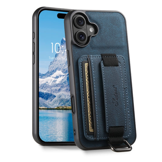 For iPhone 16 Plus Suteni H13 Litchi Leather Wrist Strap Wallet Back Phone Case(Blue) - iPhone 16 Plus Cases by Suteni | Online Shopping UK | buy2fix