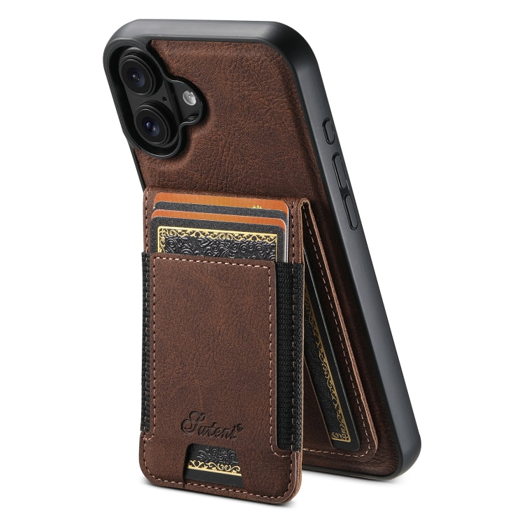 For iPhone 16 Suteni H17 Litchi Texture Leather MagSafe Detachable Wallet Phone Case(Brown) - iPhone 16 Cases by Suteni | Online Shopping UK | buy2fix