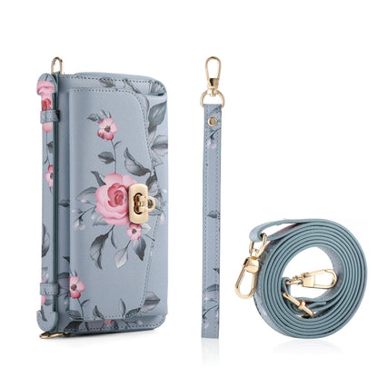 For iPhone 12 Pro MagSafe Flower Multi-functional Crossbody Zipper Wallet Leather Phone Case(Blue) - iPhone 12 / 12 Pro Cases by buy2fix | Online Shopping UK | buy2fix