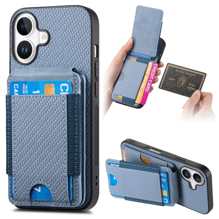 For iPhone 16 Carbon Fiber Vertical Flip Wallet Stand Phone Case(Blue) - iPhone 16 Cases by buy2fix | Online Shopping UK | buy2fix