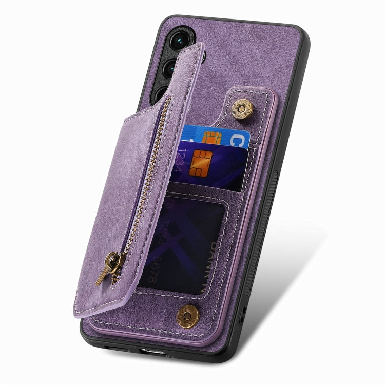 For Samsung Galaxy S25+ 5G Retro Leather Zipper Wallet Back Phone Case(Purple) - Galaxy S25+ 5G Cases by buy2fix | Online Shopping UK | buy2fix