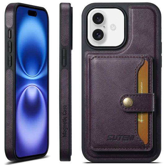 For iPhone 16 Suteni M1 Oil Wax MagSafe Detachable Horizontal Card Bag Phone Case(Purple) - iPhone 16 Cases by Suteni | Online Shopping UK | buy2fix