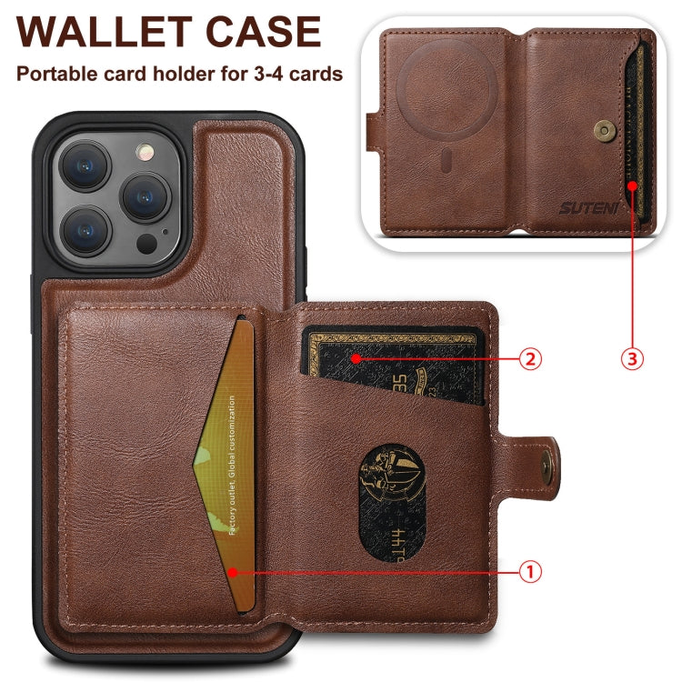 For iPhone 12  Suteni M1 Oil Wax MagSafe Detachable Horizontal Card Bag Phone Case(Brown) - iPhone 12 / 12 Pro Cases by Suteni | Online Shopping UK | buy2fix