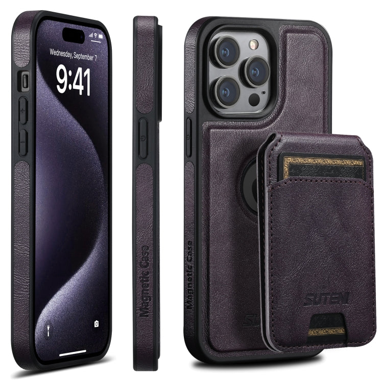 For iPhone 15 Pro Suteni M2 Oil Wax MagSafe Horizontal Card Bag Phone Case(Purple) - iPhone 15 Pro Cases by Suteni | Online Shopping UK | buy2fix