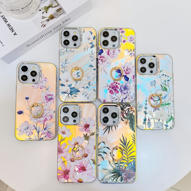 For iPhone 16 Electroplating Laser Flower Ring Holder TPU Phone Case(Flower AH6) - iPhone 16 Cases by buy2fix | Online Shopping UK | buy2fix