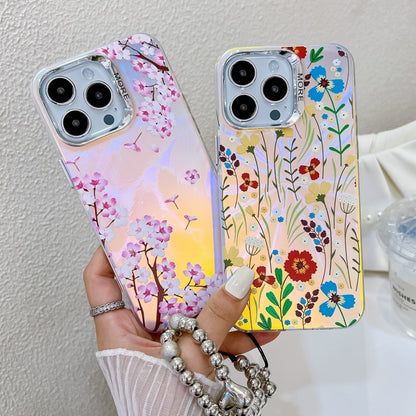 For iPhone 16 Electroplating Laser Flower Phone Case with Wrist Strap(Zinnia AH9) - iPhone 16 Cases by buy2fix | Online Shopping UK | buy2fix