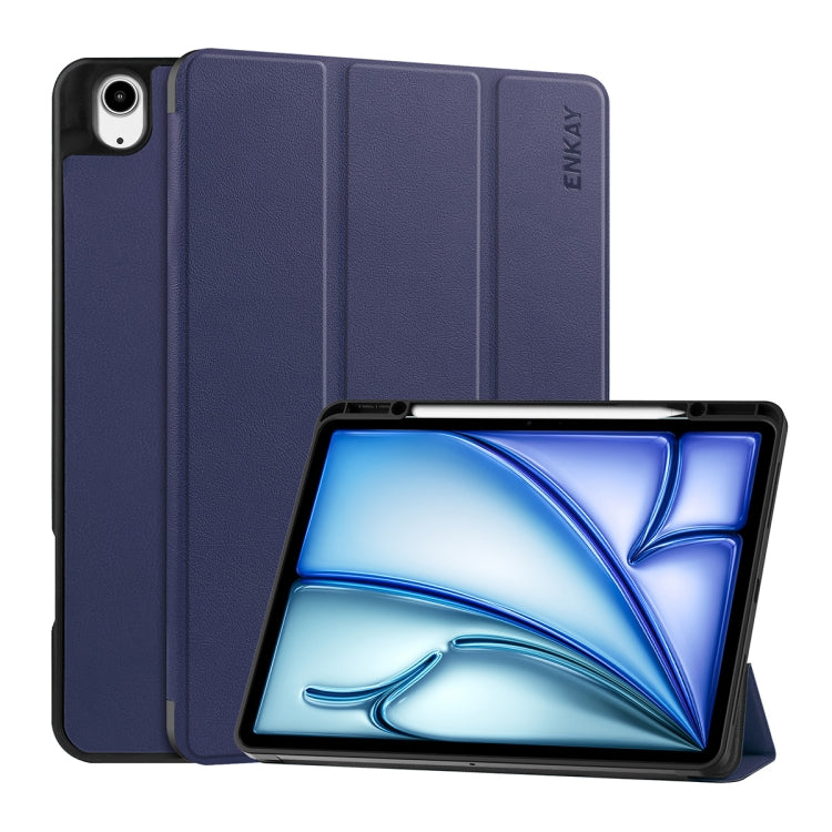 For iPad Air 13 2024 ENKAY Tri-fold Custer Texture TPU Leather Smart Tablet Case with Pen Slot(Dark Blue) - iPad Air 13 2024 Cases by ENKAY | Online Shopping UK | buy2fix