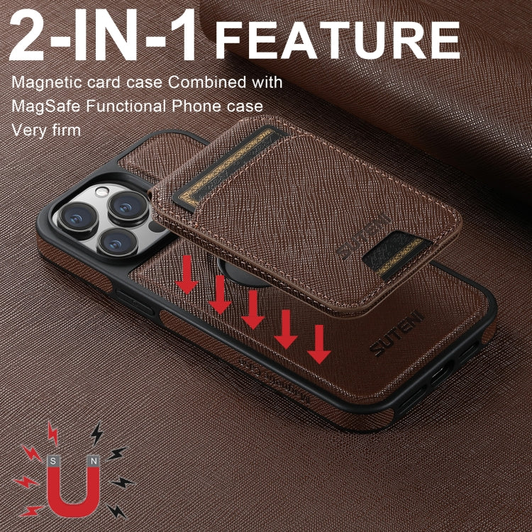 For iPhone 15 Plus Suteni M2 Cross-Grain MagSafe Vertical Card Back Phone Case(Brown) - iPhone 15 Plus Cases by Suteni | Online Shopping UK | buy2fix