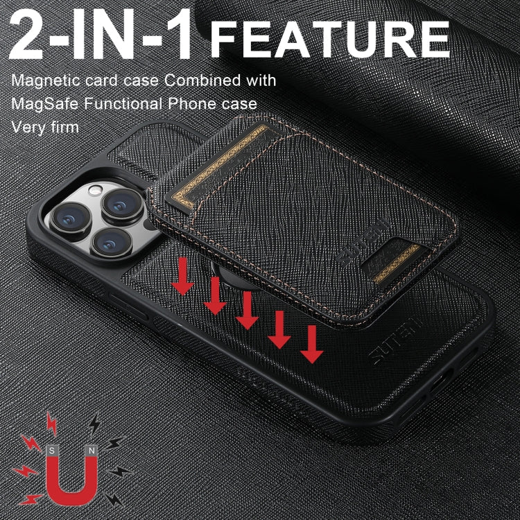 For iPhone 13 Pro Max Suteni M2 Cross-Grain MagSafe Vertical Card Back Phone Case(Black) - iPhone 13 Pro Max Cases by Suteni | Online Shopping UK | buy2fix