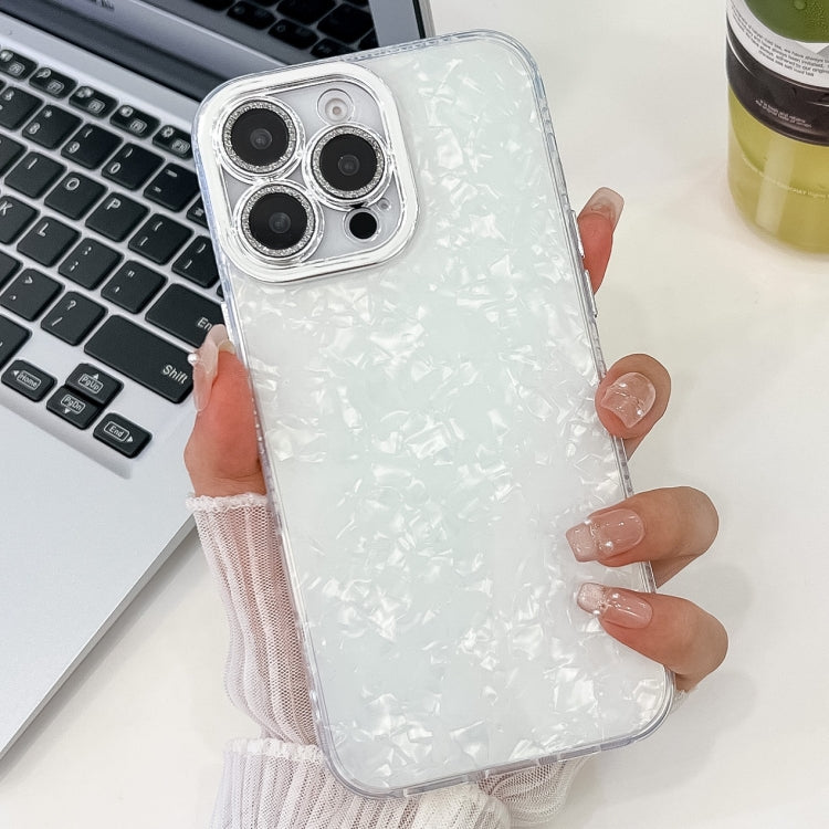 For iPhone 16 Pro Max Plating Glitter Texture TPU Phone Case with Lens Film(White Shell Grain) - iPhone 16 Pro Max Cases by buy2fix | Online Shopping UK | buy2fix