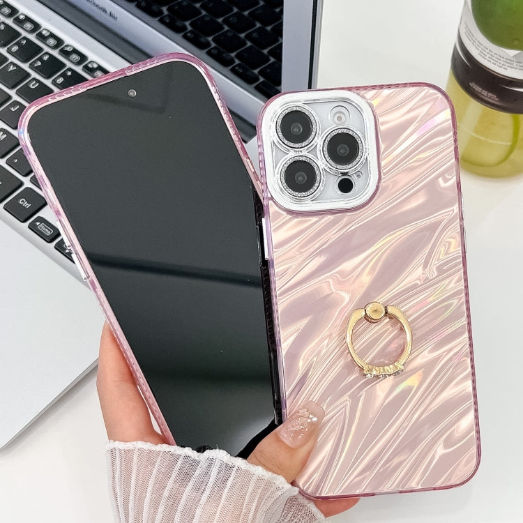 For iPhone 16 Plus Plating Glitter Texture Ring Holder TPU Phone Case with Lens Film(Pink Feathers) - iPhone 16 Plus Cases by buy2fix | Online Shopping UK | buy2fix